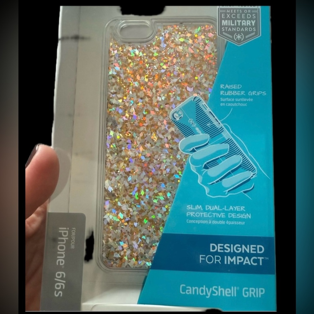 Speck Gold Glitter Clear Case iPhone 6/6s, $8, “Candyshell” style w Rubber Grips